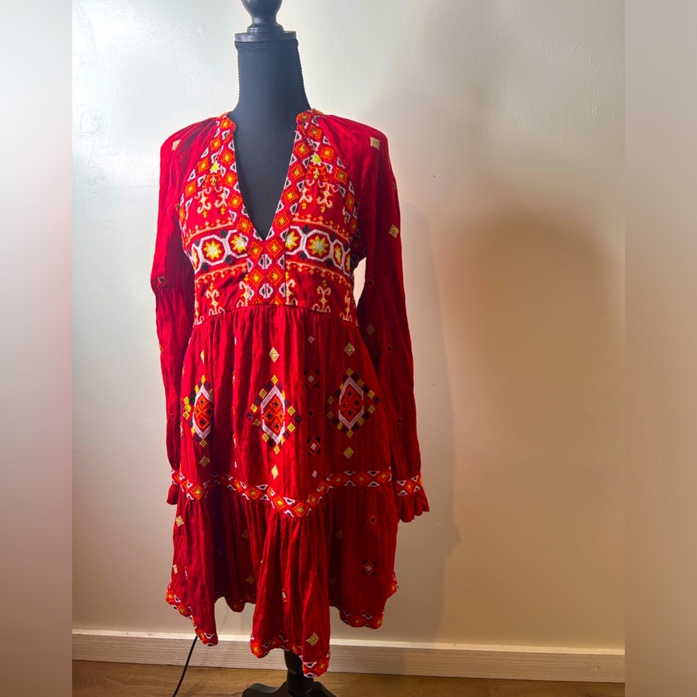 Anthropologie Embroidered Tunic Red Multi Color Southwestern Tribal Dress XS